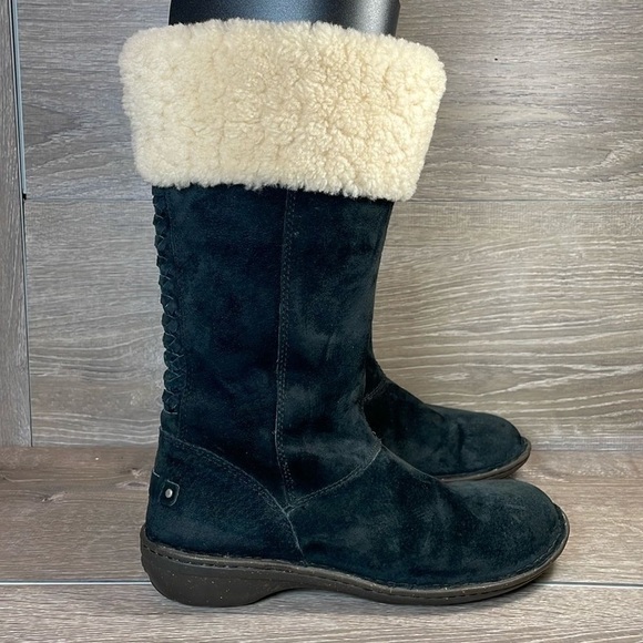 UGG Shoes - Ugg Karyn Black Suede Warm Shearling Cuff Women’s Sz 8 Zip Pull On Winter Boots